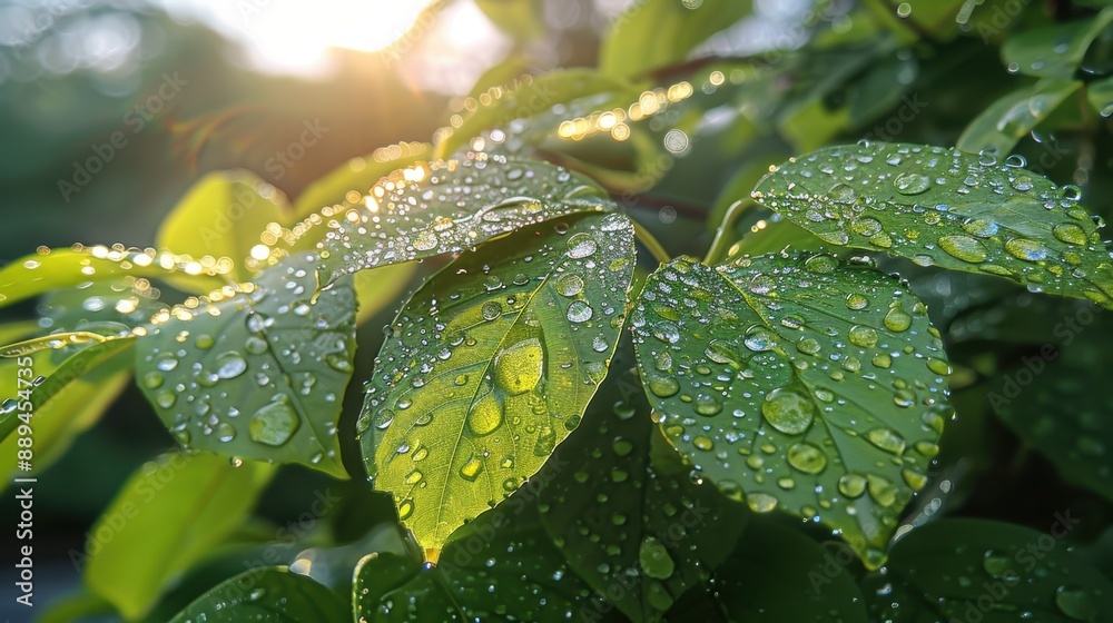 Raindrops on green leaves, backlit by the sun, creating a sparkling effect. Raindrops on green leaves, backlit by the sun, creating a sparkling effect.