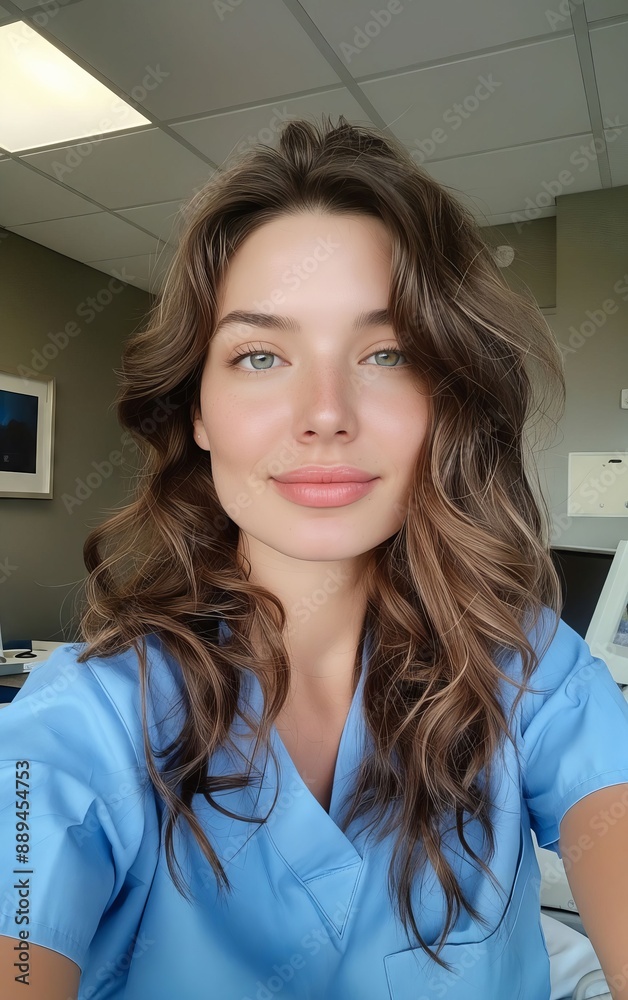 Fototapeta premium A woman in scrubs taking a selfie.