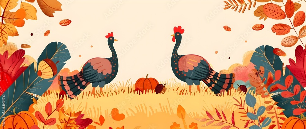 Thanksgiving Doodle Page Print Border Design with HandDrawn Turkeys and Autumn Foliage Thanksgiving Doodle Page Print Border Design with HandDrawn Turkeys and Autumn Foliage