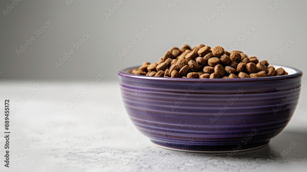 Pet food is in a purple cup, cat lies on food Pet food is in a purple cup, cat lies on food