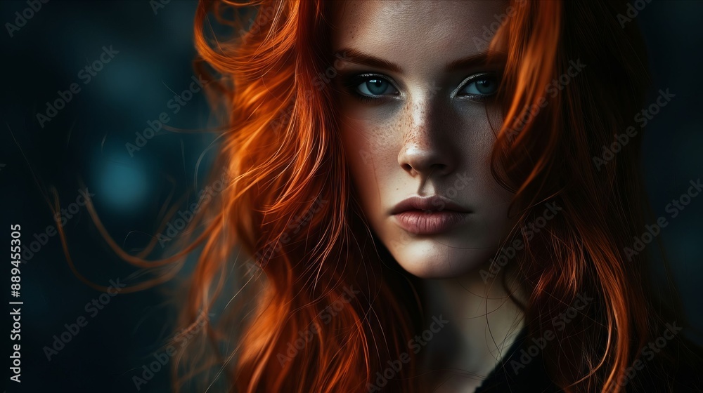 A woman with red hair and blue eyes.