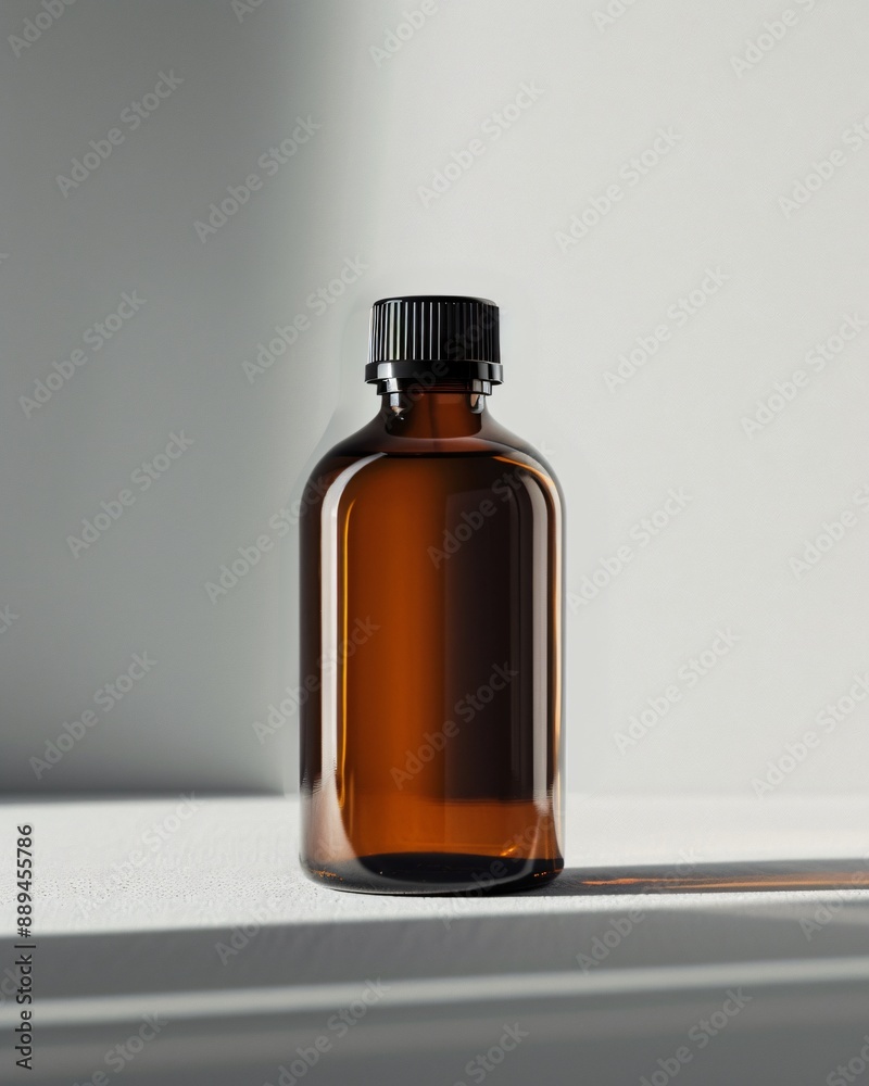 Amber glass bottle on white surface Amber glass bottle on white surface