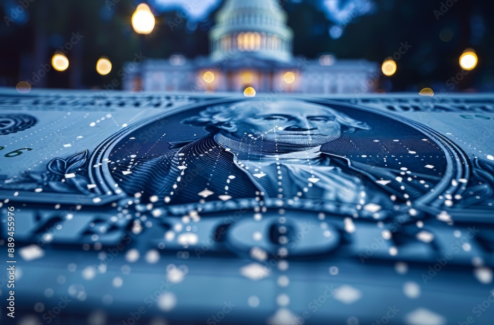 A close-up of a dollar bill with the White House visible, overlaid with a chart of the rising stock market. The background is dark blue, which contrasts with the white money A close-up of a dollar bill with the White House visible, overlaid with a chart of the rising stock market. The background is dark blue, which contrasts with the white money
