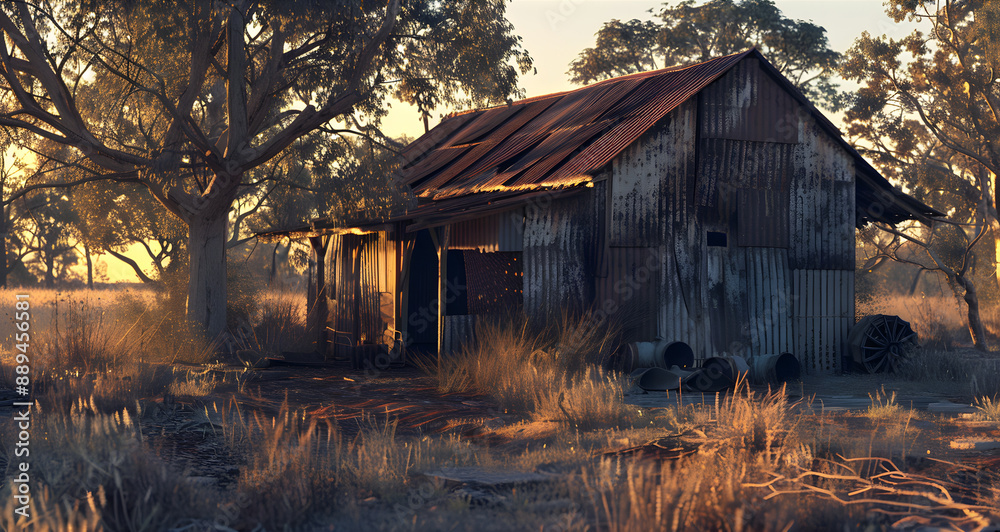 Obraz premium A rustic barn and tree bathed in the warm glow of a sunset, set in a rural field, creating a peaceful scene.