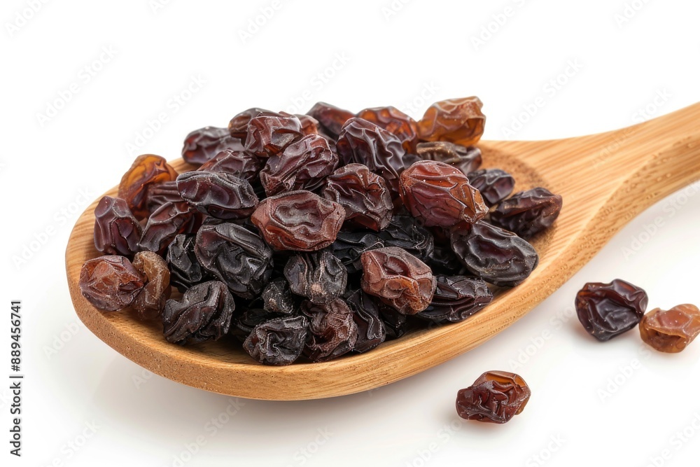 A wooden spoon filled with raisins, ideal for baking or cooking A wooden spoon filled with raisins, ideal for baking or cooking