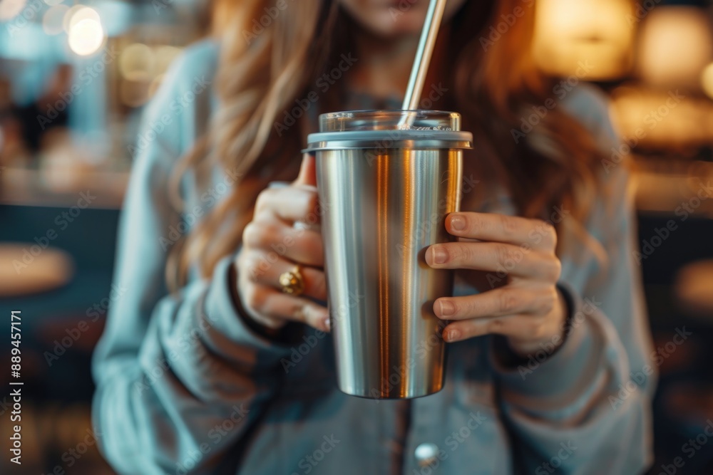 A close-up of a woman holding a cup with a straw in it, perfect for everyday use or as a prop in a lifestyle photo shoot A close-up of a woman holding a cup with a straw in it, perfect for everyday use or as a prop in a lifestyle photo shoot