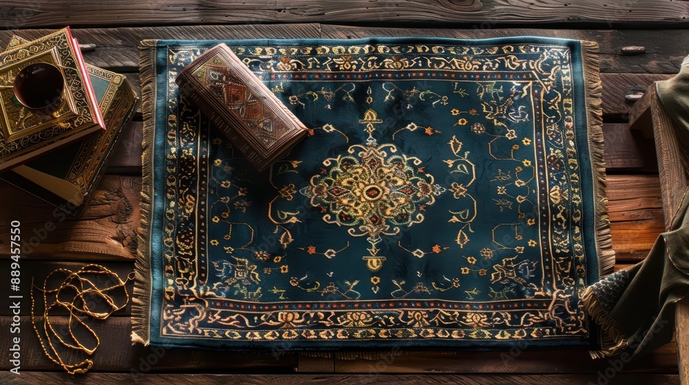 A black and gold oriental rug with a plant in a pot on the floor. The rug is placed on a wooden floor and has a brown fringe A black and gold oriental rug with a plant in a pot on the floor. The rug is placed on a wooden floor and has a brown fringe