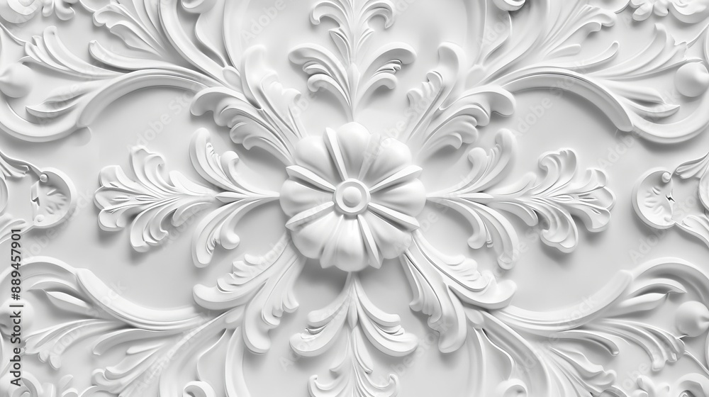 Wallpaper with White 3D Rococo Pattern. Elegant Light Decoration. Wallpaper with White 3D Rococo Pattern. Elegant Light Decoration.