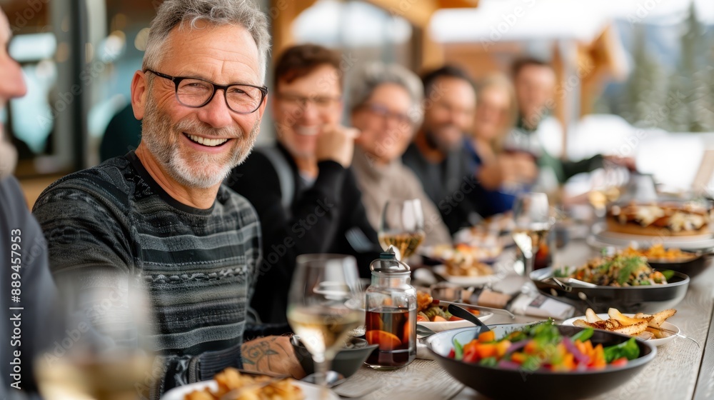 A vibrant group of friends sits at a wooden table outdoors, enjoying a meal together. The focus is on a smiling man with glasses, with various dishes and drinks spread on the table. A vibrant group of friends sits at a wooden table outdoors, enjoying a meal together. The focus is on a smiling man with glasses, with various dishes and drinks spread on the table.