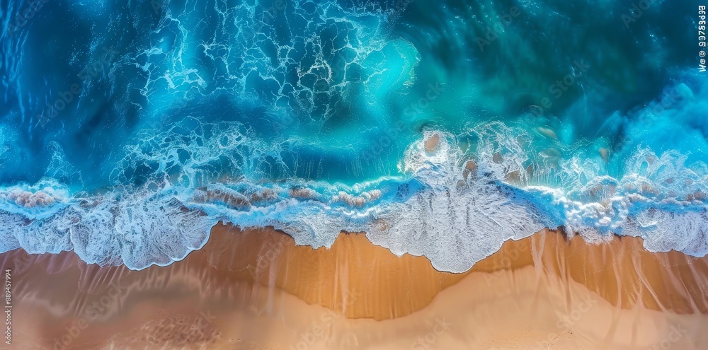 Background of ocean waves on the beach. Natural summer vacation holiday background. Aerial top-down view of beach and sea with waves. Background of ocean waves on the beach. Natural summer vacation holiday background. Aerial top-down view of beach and sea with waves.