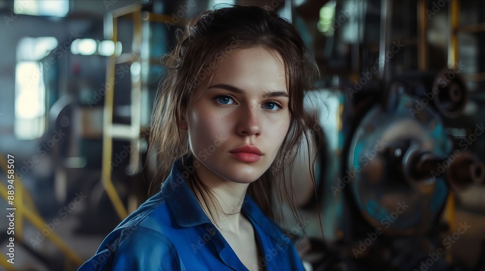 A young woman in a factory looking at the camera. A young woman in a factory looking at the camera.