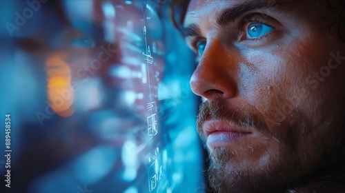 A man with blue eyes looking out of a window.