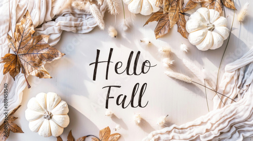 Autumn greeting card with white pumpkins and text hello fall