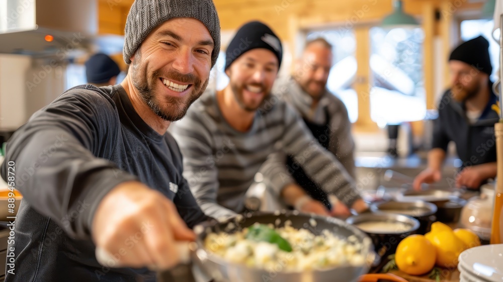 A group of three men wearing beanies, smiling and enjoying a meal together in a home kitchen, showcasing friendship and warmth in a relaxed, cozy environment. A group of three men wearing beanies, smiling and enjoying a meal together in a home kitchen, showcasing friendship and warmth in a relaxed, cozy environment.