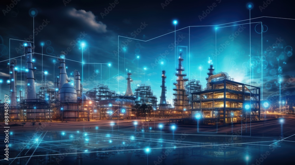 Fototapeta premium Modern factory, communication network. Telecommunication. IoT, Internet of Things, ICT, Information communication Technology,. Smart factory. Digital transformation, cloud connecting, generate by AI