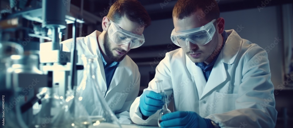 Two Chemists Working in a Lab Examining a Flask Two Chemists Working in a Lab Examining a Flask