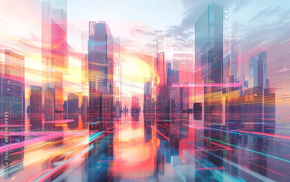 Double exposure of abstract cityscape at dusk Double exposure of abstract cityscape at dusk