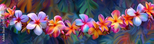 A colorful flower arrangement in the shape of a hula hoop. The flowers are in various colors and are arranged in a circular pattern. Scene is cheerful and vibrant