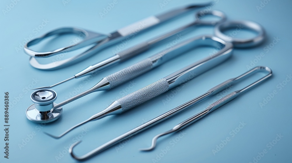 Sterile surgical instruments clean flat background bright studio lighting highlighting the sharp and precise tools Sterile surgical instruments clean flat background bright studio lighting highlighting the sharp and precise tools