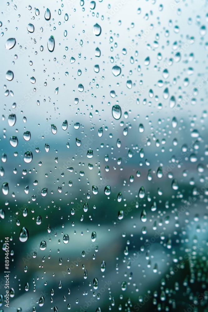 A city view with raindrops on the window. The raindrops create a blurry effect, giving the image a dreamy and romantic mood. The cityscape is illuminated by the lights of the buildings