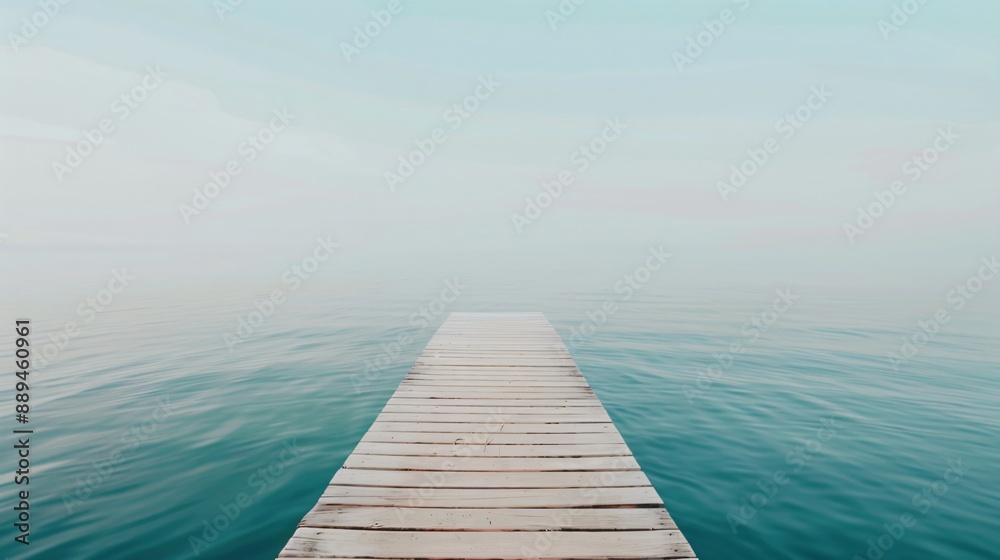 A wooden dock extends into still, blue water on a misty day. The sky is a light blue with wispy clouds A wooden dock extends into still, blue water on a misty day. The sky is a light blue with wispy clouds