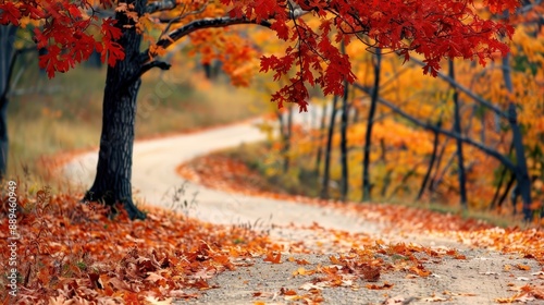 A winding road surrounded by vibrant red autumn leaves and trees, capturing the essence of fall. The scene is both rustic and charming, perfect for nature lovers. photo