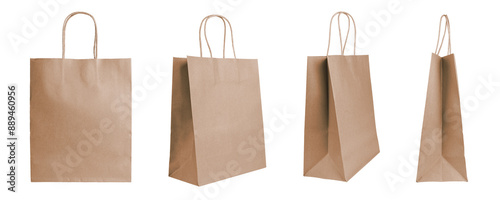 Set of different angles blank brown craft paper bags isolated on white, transparent background. Eco friendly shopping bag made from recycled paper, recycling concept. Mockup, template, copy space