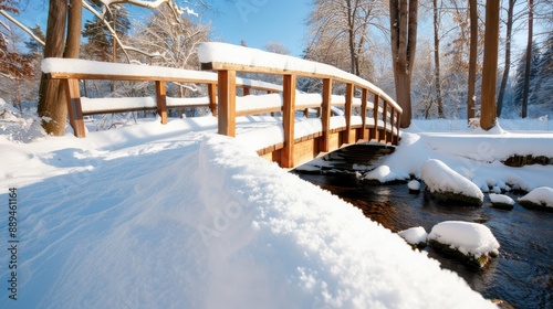 A wooden bridge adorned with snow drifts crosses a scenic stream in a tranquil, snowy landscape, showcasing the serene beauty and stillness of a winter's day. photo