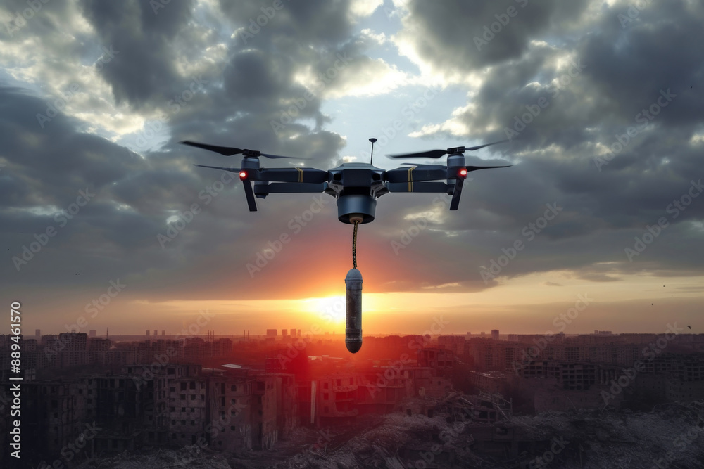 Loitering munition UAV drone with explosive flying over ruined city at sunset symbolizing aftermath of war and persistence of danger Loitering munition UAV drone with explosive flying over ruined city at sunset symbolizing aftermath of war and persistence of danger