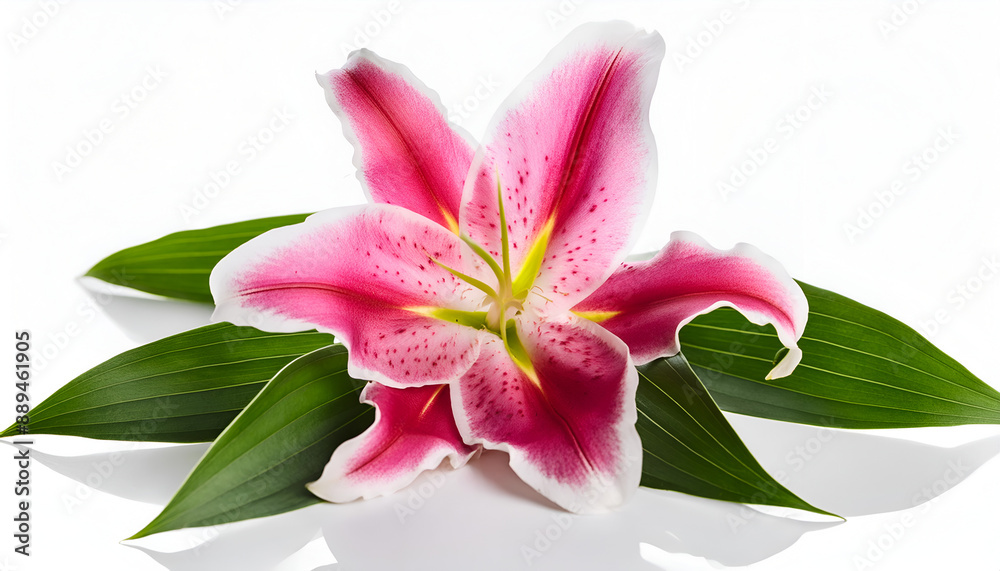 Pink Lily Flower With Green Leaves On White Background Pink Lily Flower With Green Leaves On White Background