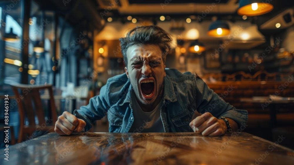person hitting the break area table with angry expression. generative ai person hitting the break area table with angry expression. generative ai