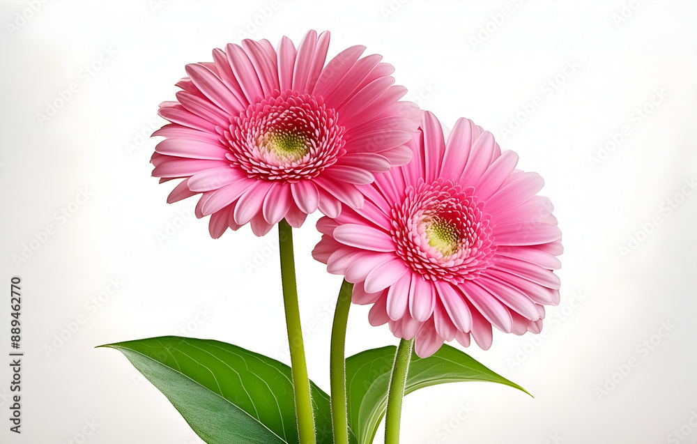 Two Pink Gerbera Daisies With Green Leaves on a White Background Two Pink Gerbera Daisies With Green Leaves on a White Background