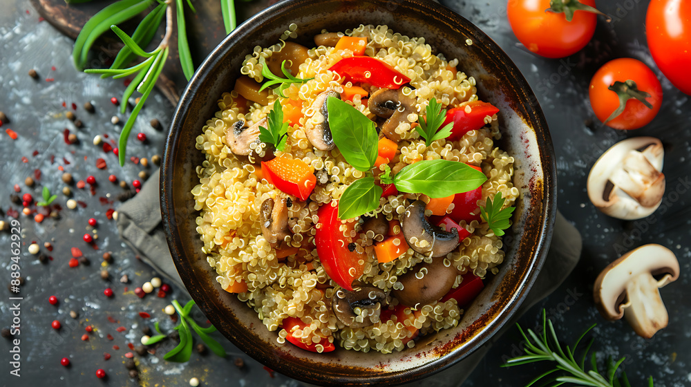 Top view quinoa with veggies and mushrooms in a bowl simple professional photography Top view quinoa with veggies and mushrooms in a bowl simple professional photography