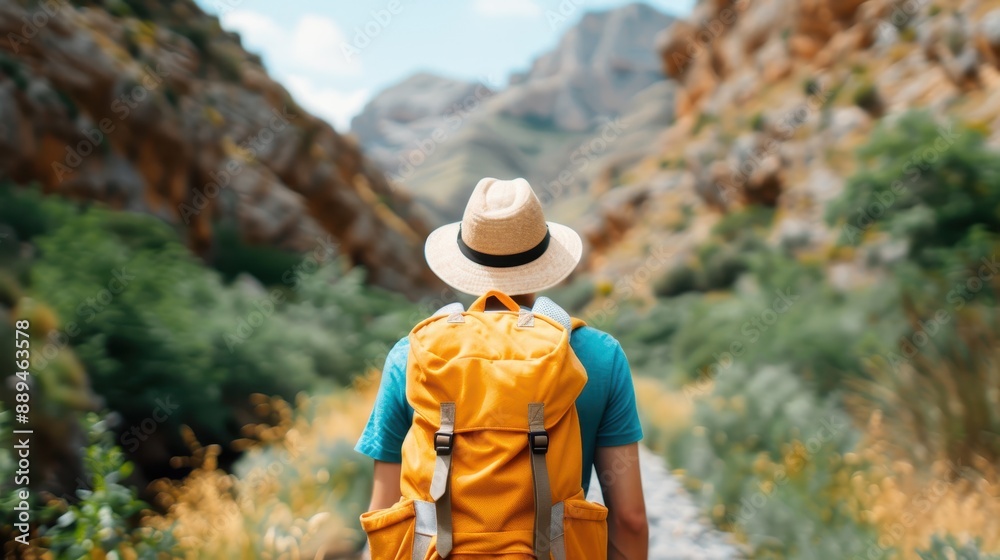 An individual in a hat and yellow backpack treks through a scenic mountain canyon with rocky cliffs and green vegetation on a sunny day, embracing nature's beauty. An individual in a hat and yellow backpack treks through a scenic mountain canyon with rocky cliffs and green vegetation on a sunny day, embracing nature's beauty.