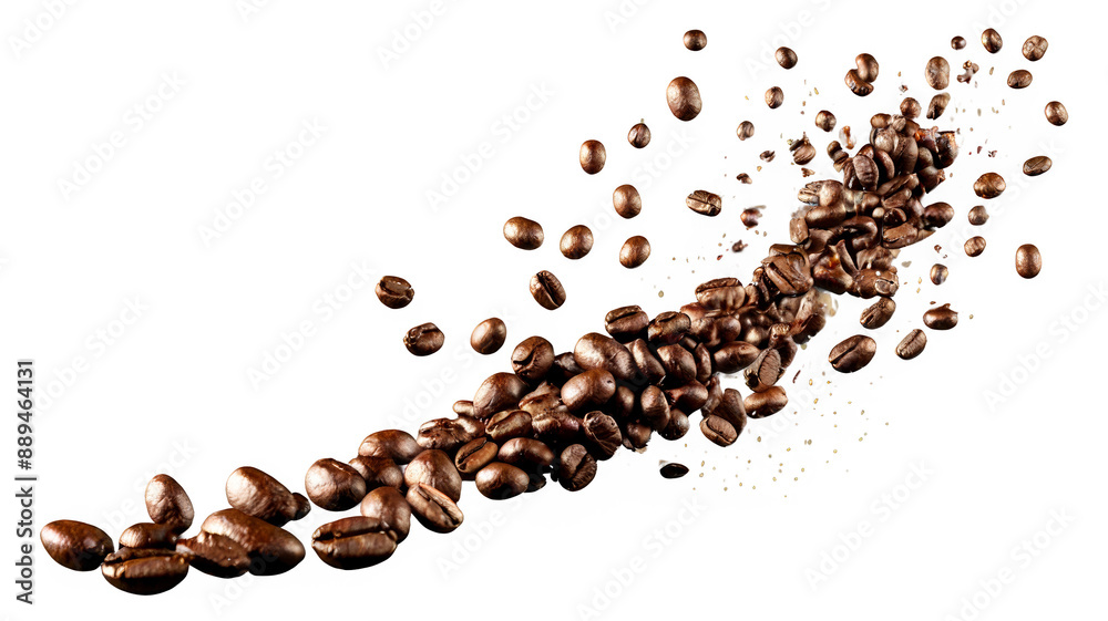 Flying coffee beans and coffee grounds scattered in the air isolated on a transparent background Flying coffee beans and coffee grounds scattered in the air isolated on a transparent background