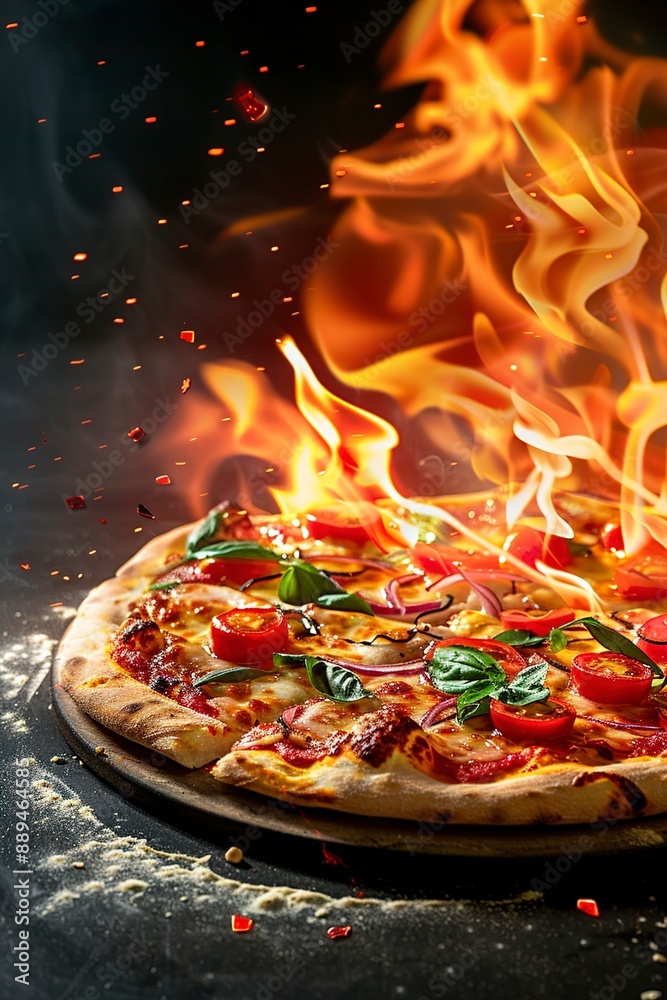 A fast food pizza on fire. A fast food pizza on fire.