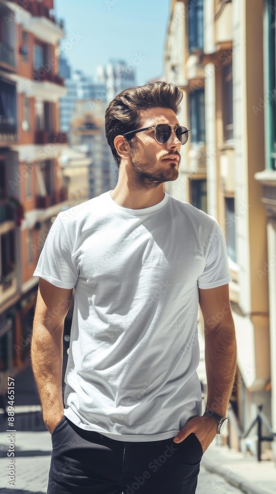 Man in white t-shirt and sunglasses on an urban street