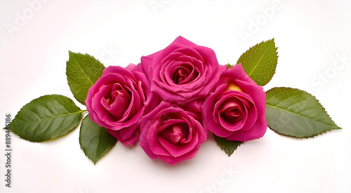 Four Pink Roses With Green Leaves on a White Background