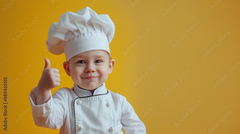 Cute little professional chef with ladle showing thumb Cute little professional chef with ladle showing thumb