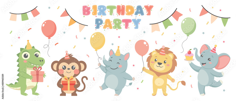 Happy birthday party. Childrens set with cute animals. Baby animals in party hats, cakes, gift boxes, balloons. Illustrations for birthday cards, stickers Happy birthday party. Childrens set with cute animals. Baby animals in party hats, cakes, gift boxes, balloons. Illustrations for birthday cards, stickers