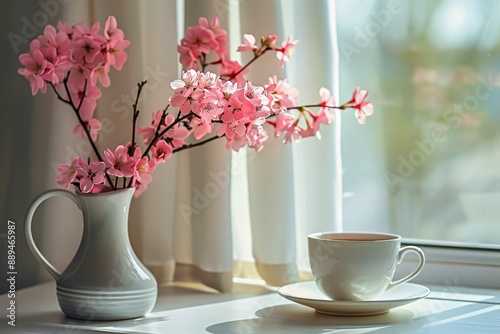 The image shows a cup of tea placed on a table next to a window with pink flowers in a vase. It features indoor serveware and floral design