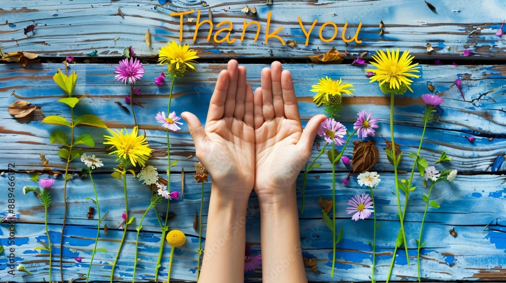 Obraz premium Two open hands with palms facing upward on a blue weathered wooden background with wildflowers and the text Thank You