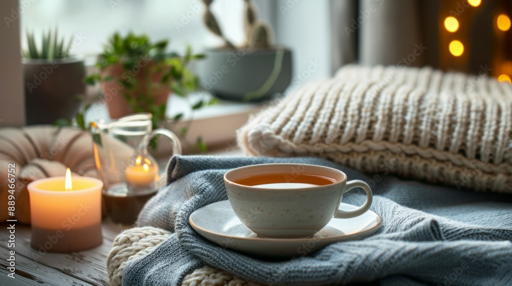 Pillows, cups of tea or candles, to emphasize rest and stress management. generative ai Pillows, cups of tea or candles, to emphasize rest and stress management. generative ai