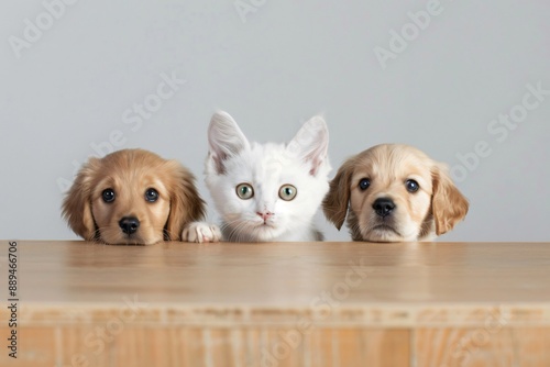 Two young golden retriever puppies and a white kitten peek over the edge of a wooden table © daniel