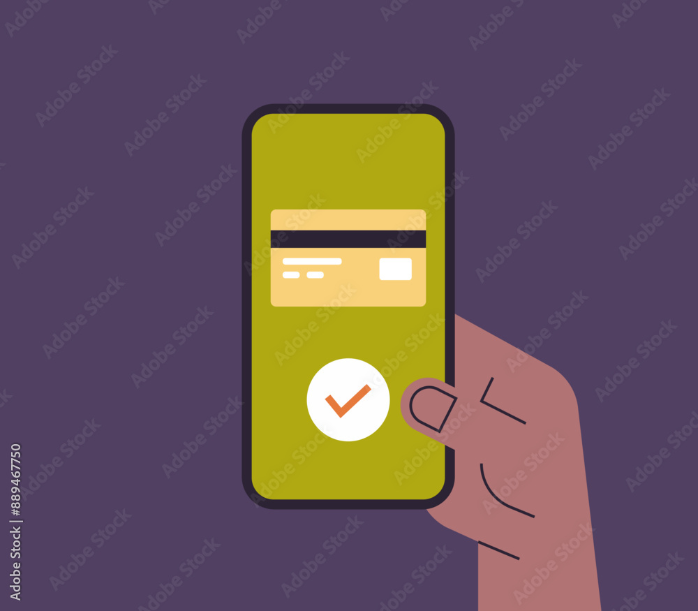 Hand holding smartphone for mobile payment with the application and succesfully online payment concept flat vector illustration.	
