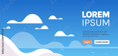 Blue sky with clouds and shining sun white fluffy clouds, sunny day sky scene heaven bright concept flat vector illustration.	
