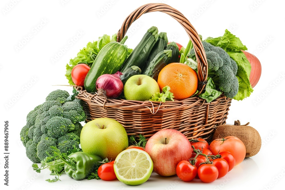 Fresh ripe vegetables and fruit in wicker basket on white background