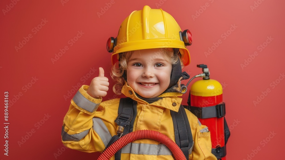 Cute little firefighter with a fire hose. Cute little firefighter with a fire hose.
