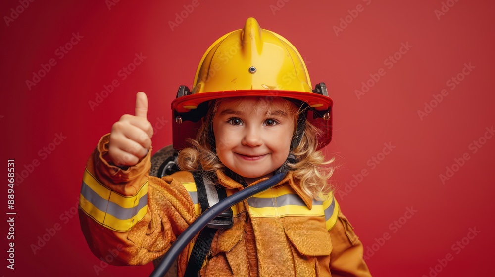 Cute little firefighter with a fire hose. Cute little firefighter with a fire hose.