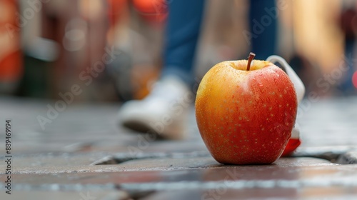 An apple rests on a cobblestone street with a figure blurred in motion, capturing the essence of daily life, movement, and the simplicity of small, often overlooked details. photo